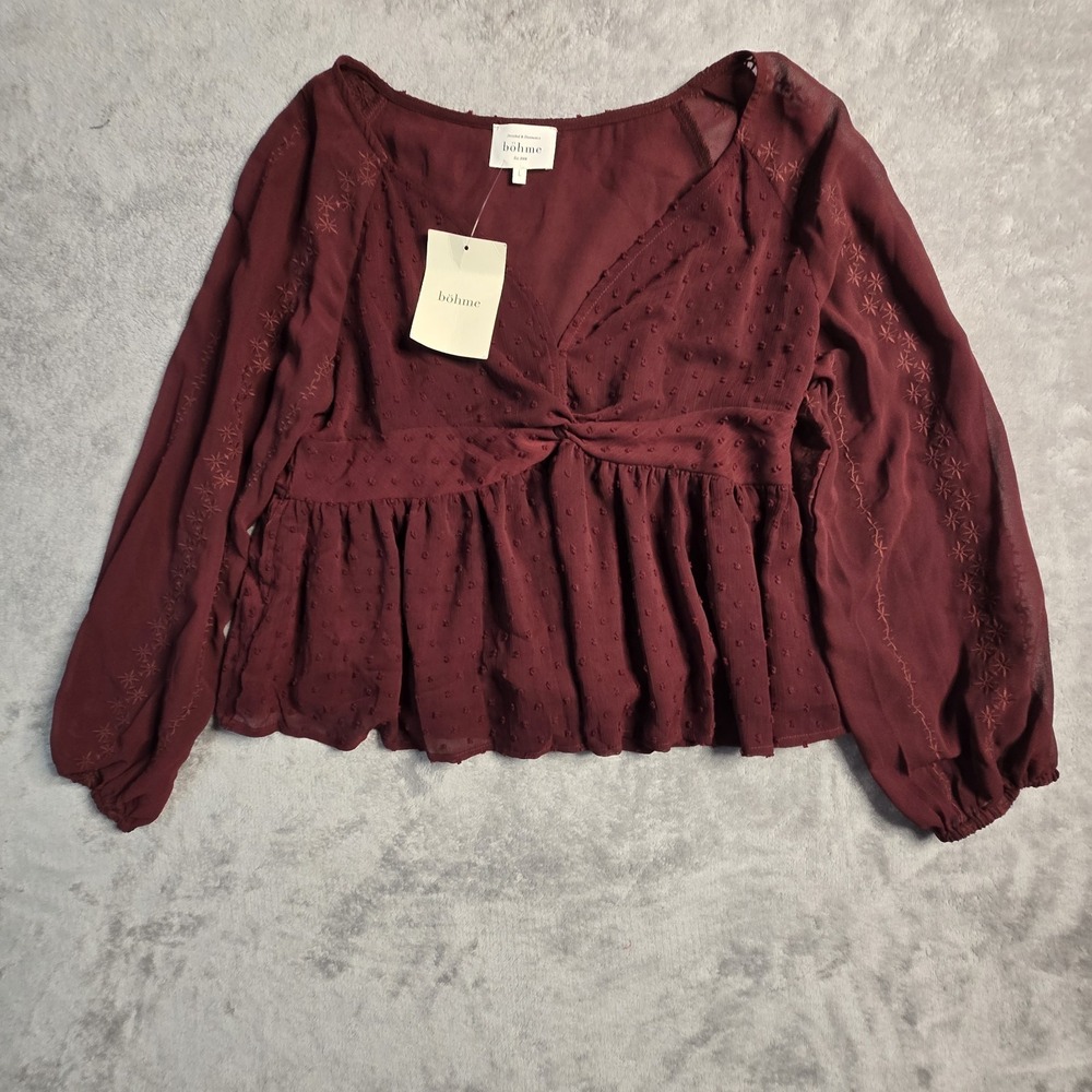 Babydoll Boho Textured Top Size Large Purple Embroidered Peasant Ethereal